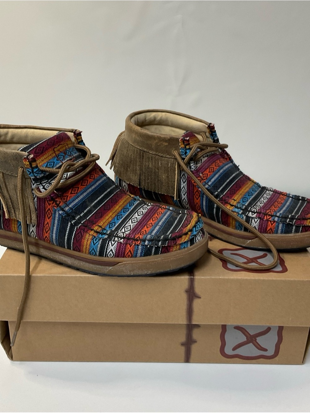 Twisted X Multicolor Southwestern Ankle Boots with Brown Fringe